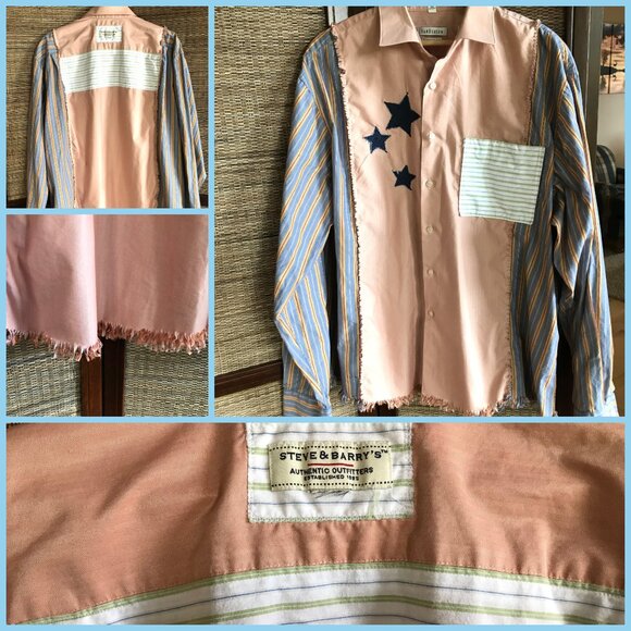 Mixed Plaid Button-Down Shirt, M-XL: Upcycled Boho Top, Applique Stars & Fringe - Picture 11 of 11